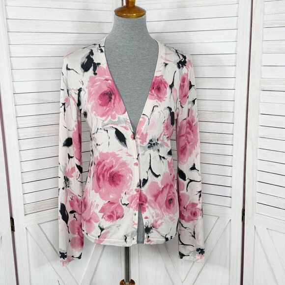 Jones New York Floral Silk Blend V Neck Cardigan Sweater Cream Pink Medium - Picture 1 of 12
